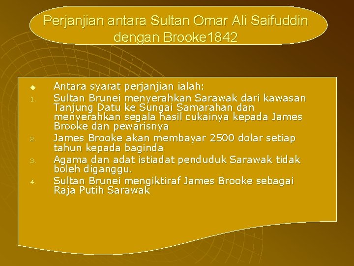 Perjanjian antara Sultan Omar Ali Saifuddin dengan Brooke 1842 u 1. 2. 3. 4.