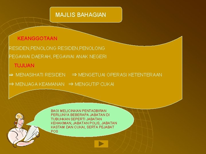 MAJLIS BAHAGIAN KEANGGOTAAN RESIDEN, PENOLONG PEGAWAI DAERAH, PEGAWAI ANAK NEGERI TUJUAN ⇒ MENASIHATI RESIDEN