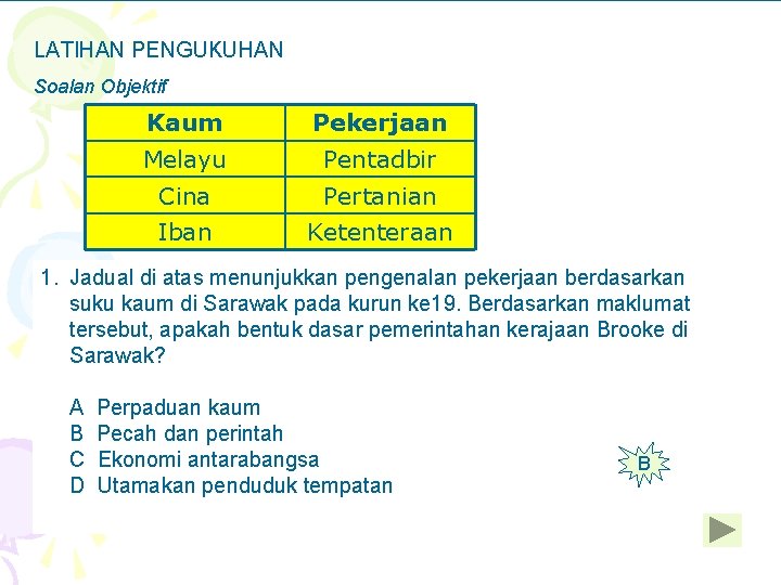 LATIHAN PENGUKUHAN Soalan Objektif Kaum Pekerjaan Melayu Pentadbir Cina Pertanian Iban Ketenteraan 1. Jadual