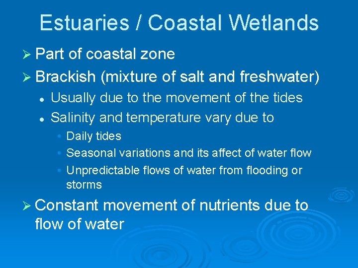 Estuaries / Coastal Wetlands Ø Part of coastal zone Ø Brackish (mixture of salt