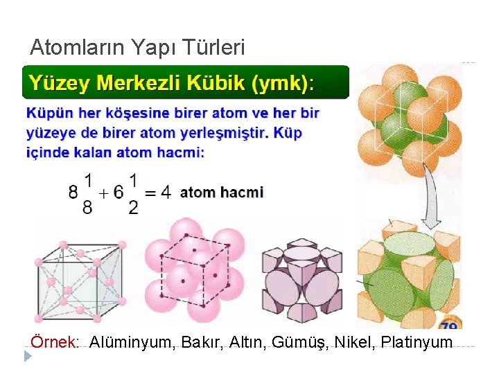 Atomların Yapı Türleri Örnek: Alüminyum, Bakır, Altın, Gümüş, Nikel, Platinyum 