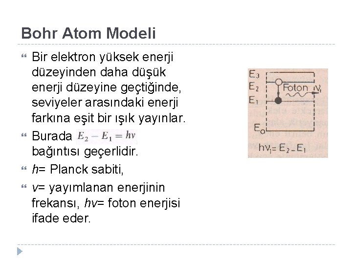 Bohr Atom Modeli Bir elektron yüksek enerji düzeyinden daha düşük enerji düzeyine geçtiğinde, seviyeler