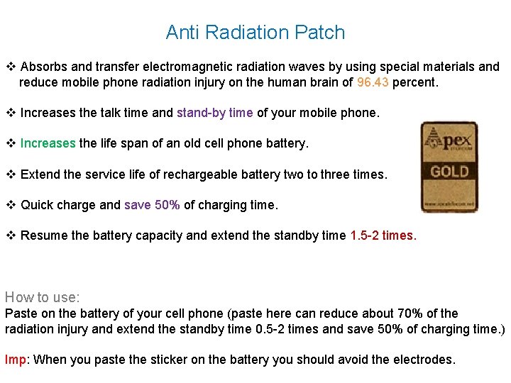 Anti Radiation Patch v Absorbs and transfer electromagnetic radiation waves by using special materials