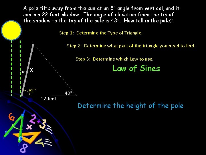 A pole tilts away from the sun at an 8 angle from vertical, and