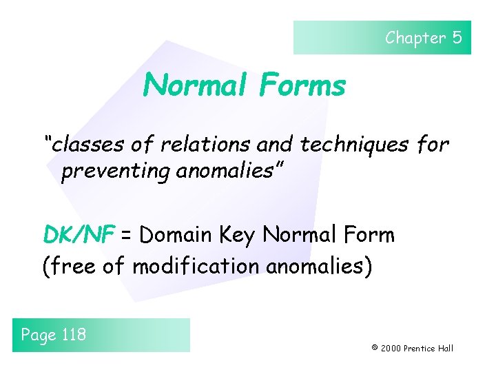 Chapter 5 Normal Forms “classes of relations and techniques for preventing anomalies” DK/NF = Chapter 5 Normal Forms “classes of relations and techniques for preventing anomalies” DK/NF =