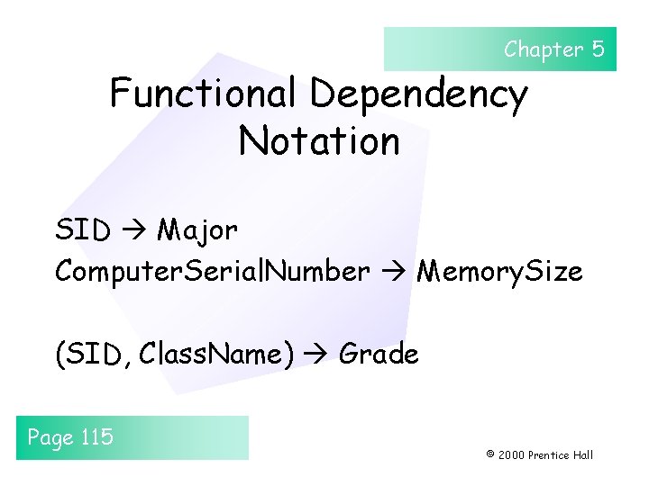 Chapter 5 Functional Dependency Notation SID Major Computer. Serial. Number Memory. Size (SID, Class. Chapter 5 Functional Dependency Notation SID Major Computer. Serial. Number Memory. Size (SID, Class.