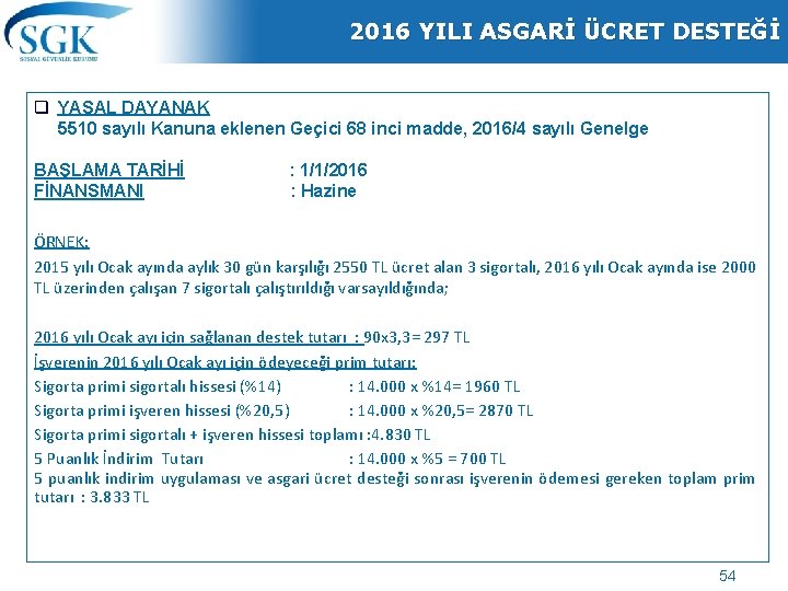 2016 YILI ASGARİ ÜCRET DESTEĞİ q YASAL DAYANAK 5510 sayılı Kanuna eklenen Geçici 68