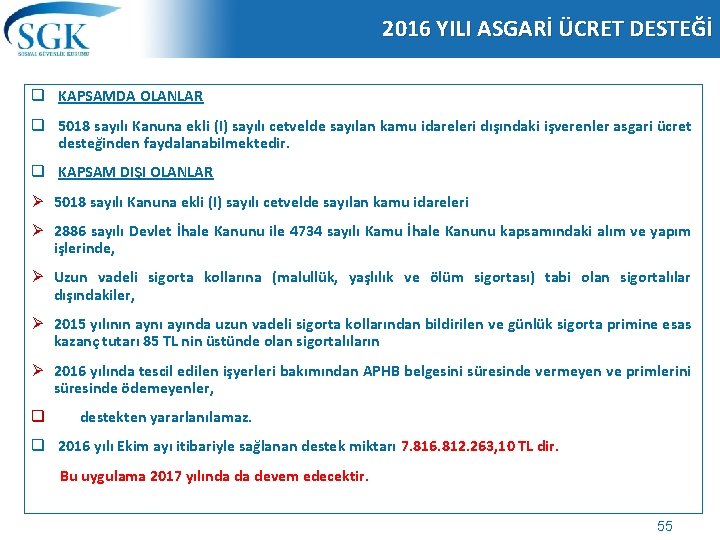 2016 YILI ASGARİ ÜCRET DESTEĞİ q KAPSAMDA OLANLAR q 5018 sayılı Kanuna ekli (I)