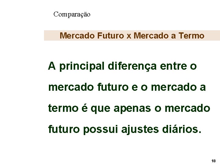 Comparação Mercado Futuro x Mercado a Termo A principal diferença entre o mercado futuro