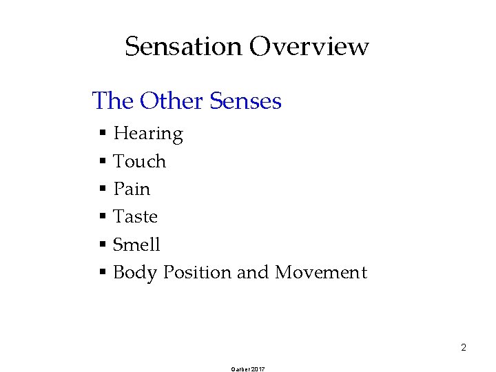 Sensation Overview The Other Senses § Hearing § Touch § Pain § Taste §