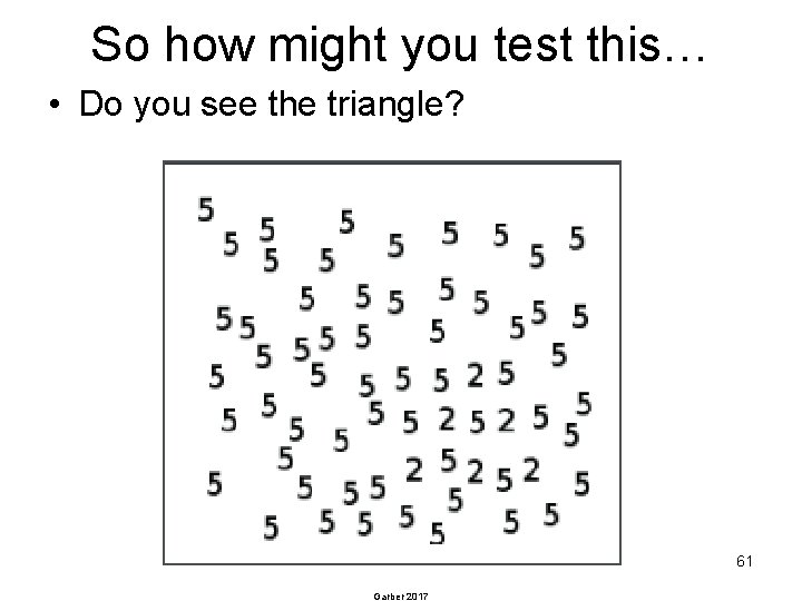 So how might you test this… • Do you see the triangle? 61 Garber