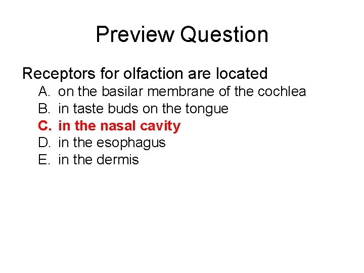 Preview Question Receptors for olfaction are located A. B. C. D. E. on the