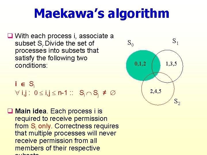 Maekawa’s algorithm q With each process i, associate a subset Si. Divide the set