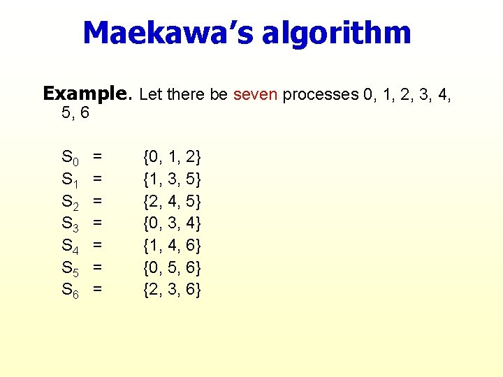 Maekawa’s algorithm Example. Let there be seven processes 0, 1, 2, 3, 4, 5,