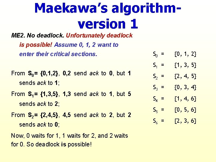 Maekawa’s algorithmversion 1 ME 2. No deadlock. Unfortunately deadlock is possible! Assume 0, 1,