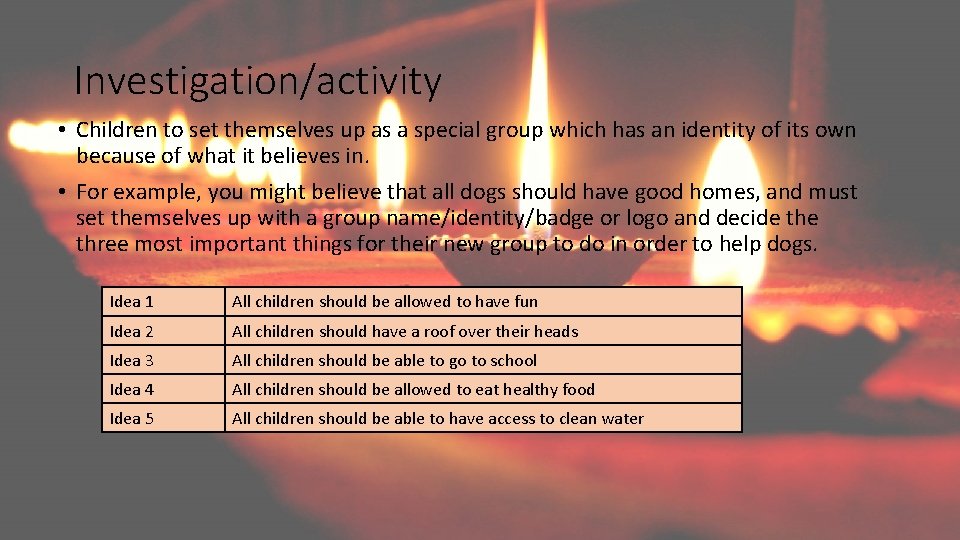 Investigation/activity • Children to set themselves up as a special group which has an