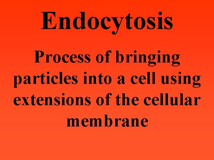 Endocytosis Process of bringing particles into a cell using extensions of the cellular membrane