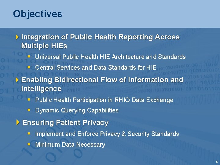 Objectives 4 Integration of Public Health Reporting Across Multiple HIEs § Universal Public Health