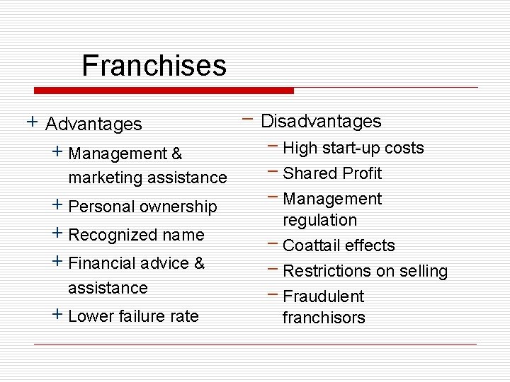 Franchises + Advantages + Management & marketing assistance + Personal ownership + Recognized name