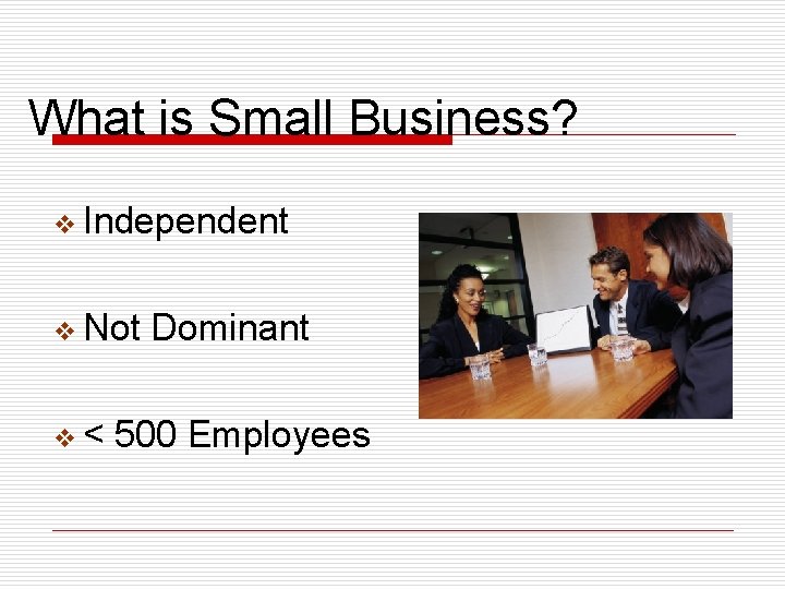 What is Small Business? v Independent v Not Dominant v < 500 Employees 