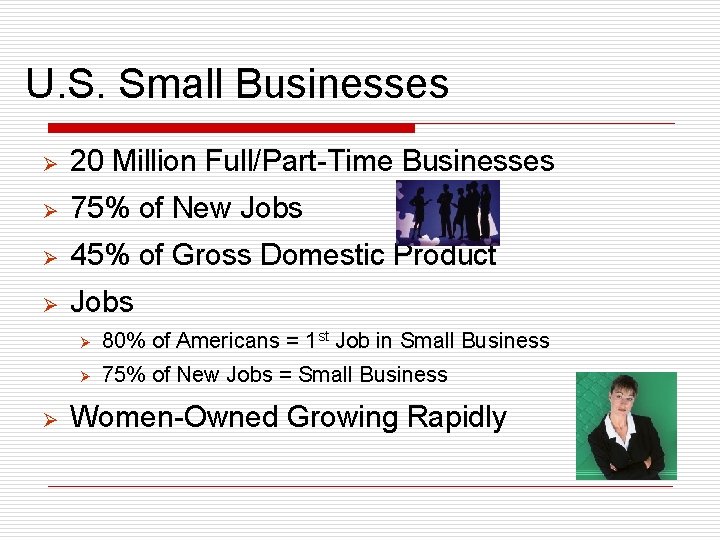 U. S. Small Businesses Ø 20 Million Full/Part-Time Businesses Ø 75% of New Jobs