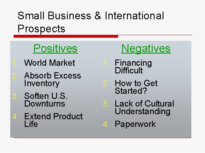 Small Business & International Prospects Positives 1. World Market 2. Absorb Excess Inventory 3.