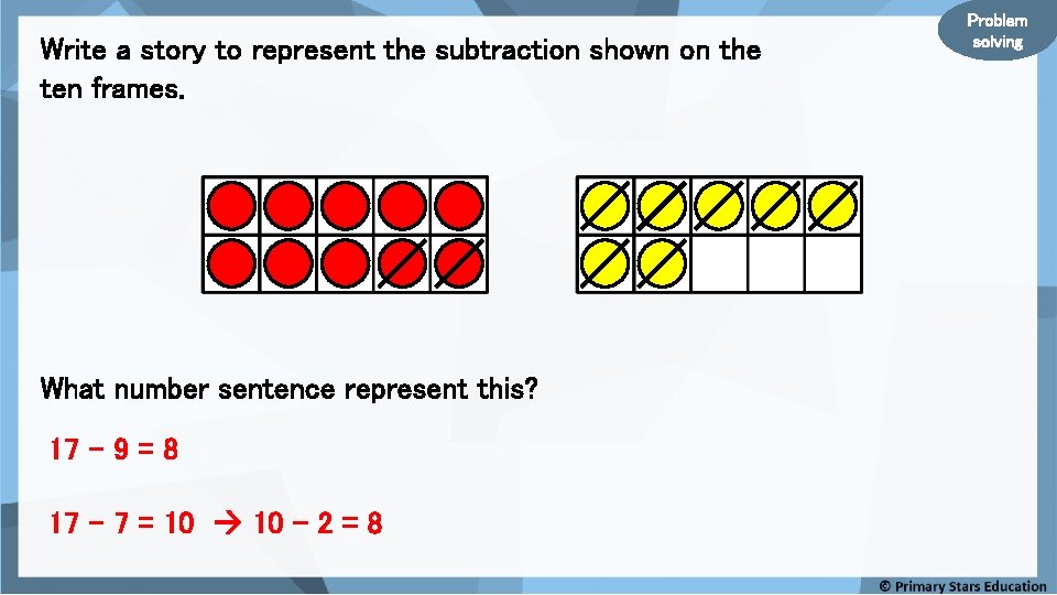 Write a story to represent the subtraction shown on the ten frames. What number