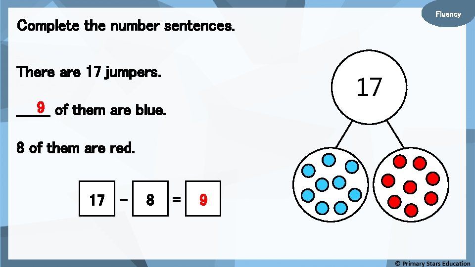 Fluency Complete the number sentences. There are 17 jumpers. 17 9 of them are