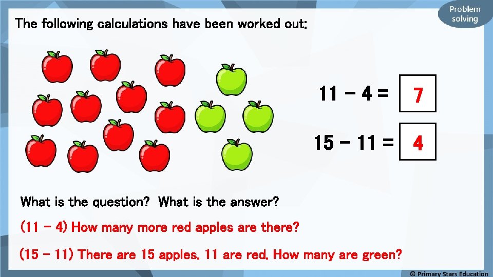 The following calculations have been worked out: 11 – 4 = 7 15 –