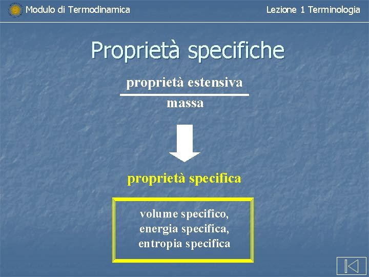 Modulo di Termodinamica Lezione 1 Terminologia Proprietà specifiche proprietà estensiva massa proprietà specifica volume