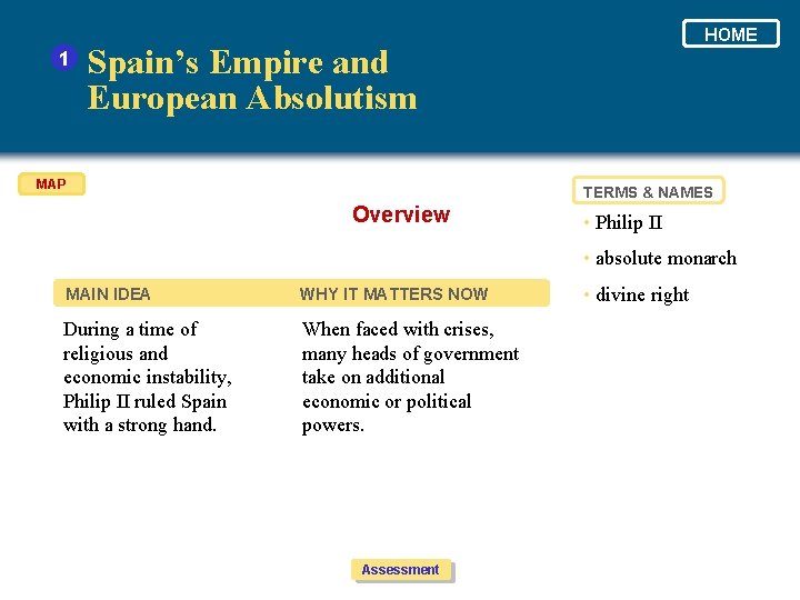 1 HOME Spain’s Empire and European Absolutism MAP TERMS & NAMES Overview • Philip