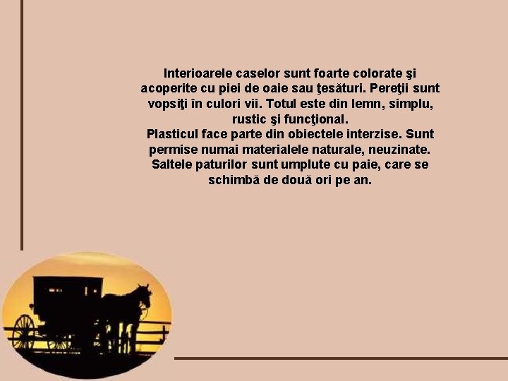 Interioarele caselor sunt foarte colorate şi acoperite cu piei de oaie sau ţesături. Pereţii