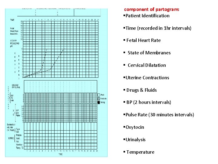 component of partogram: §Patient Identification §Time (recorded in 1 hr intervals) § Fetal Heart
