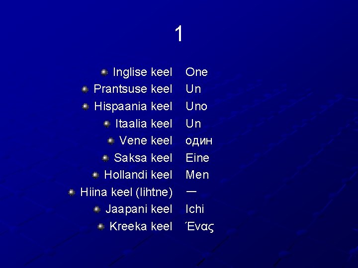 1 Inglise keel Prantsuse keel Hispaania keel Itaalia keel Vene keel Saksa keel Hollandi