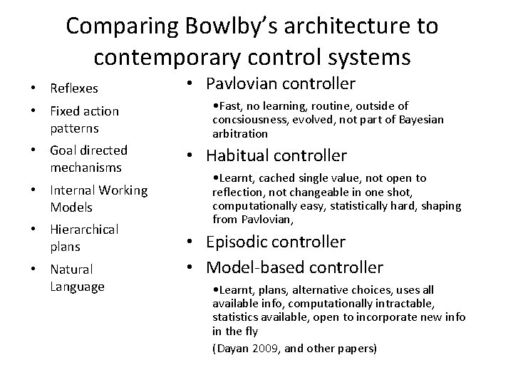 Comparing Bowlby’s architecture to contemporary control systems • Reflexes • Fixed action patterns •