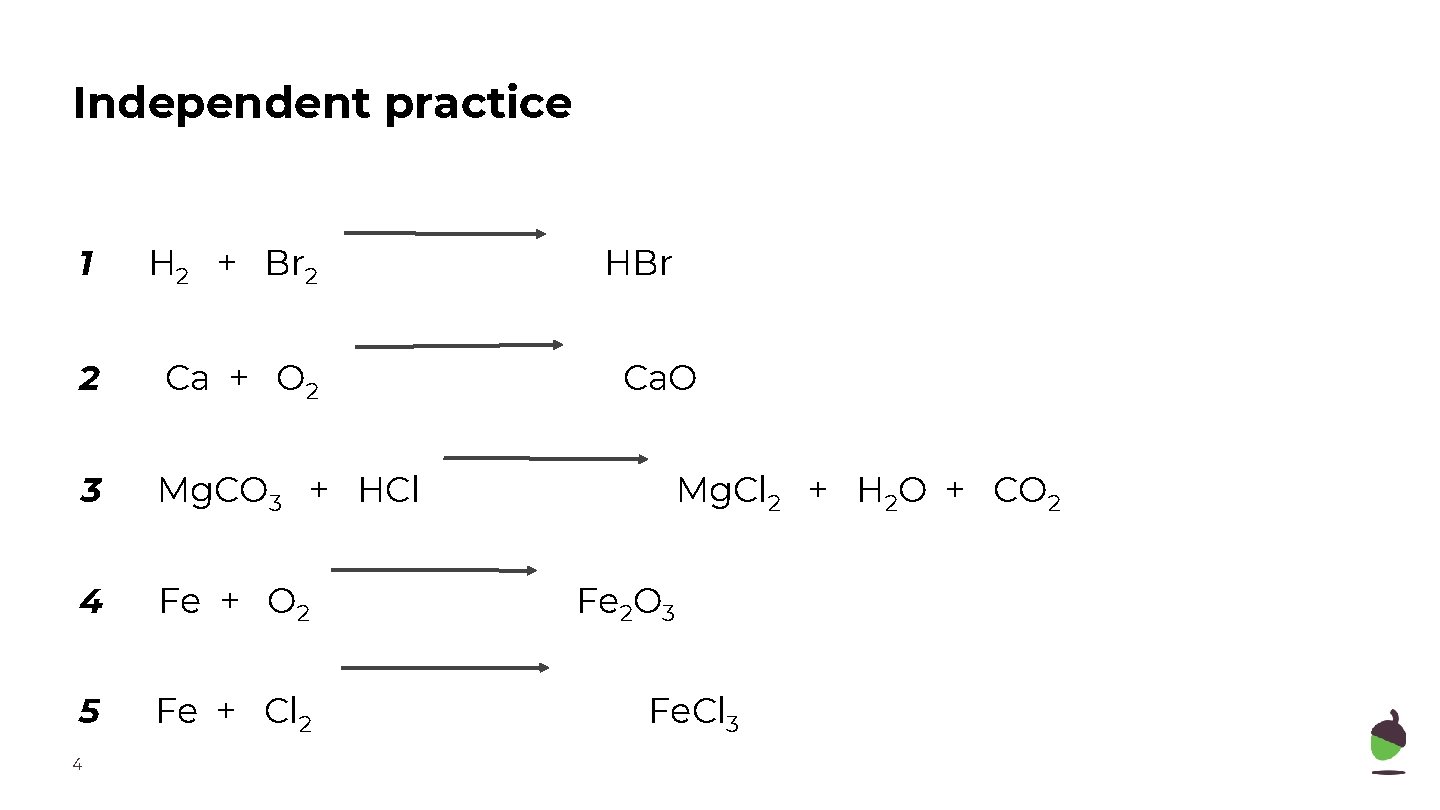 Independent practice 1 H 2 + Br 2 2 Ca + O 2 3