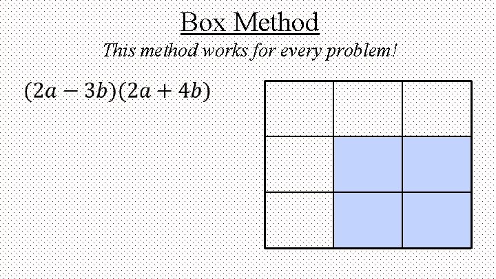 Box Method This method works for every problem! 