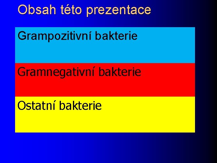 Obsah této prezentace Grampozitivní bakterie Gramnegativní bakterie Ostatní bakterie 