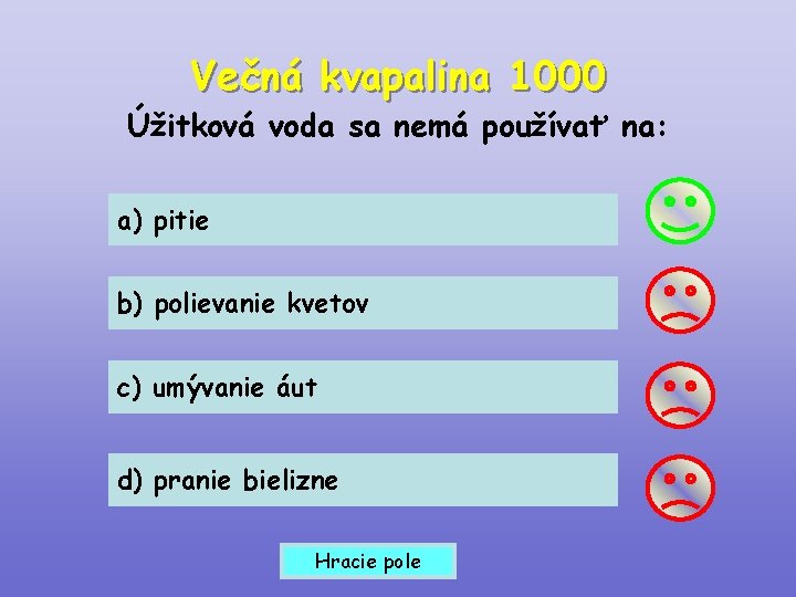 Večná kvapalina 1000 Úžitková voda sa nemá používať na: a) pitie b) polievanie kvetov