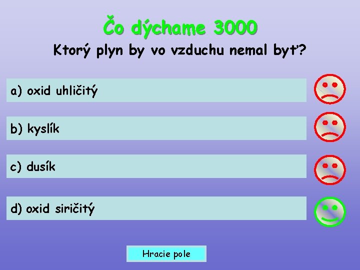 Čo dýchame 3000 Ktorý plyn by vo vzduchu nemal byť? a) oxid uhličitý b)