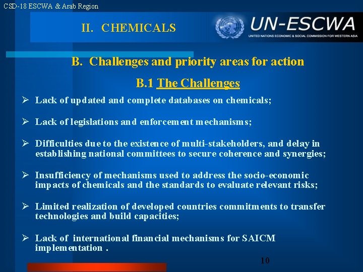 CSD-18 ESCWA & Arab Region II. CHEMICALS B. Challenges and priority areas for action