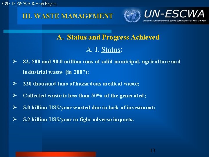 CSD-18 ESCWA & Arab Region III. WASTE MANAGEMENT A. Status and Progress Achieved A.