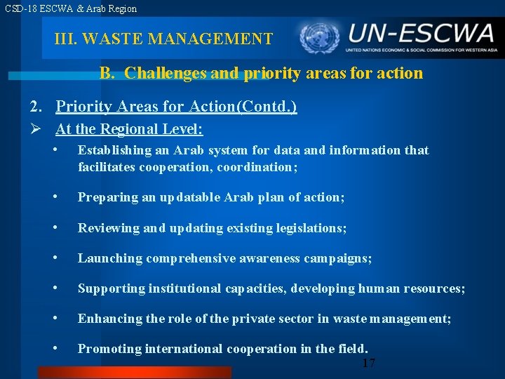 CSD-18 ESCWA & Arab Region III. WASTE MANAGEMENT B. Challenges and priority areas for