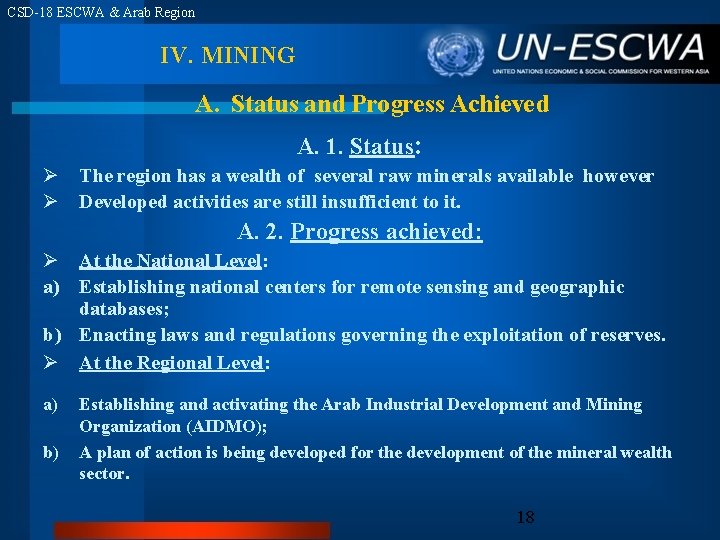 CSD-18 ESCWA & Arab Region IV. MINING A. Status and Progress Achieved A. 1.