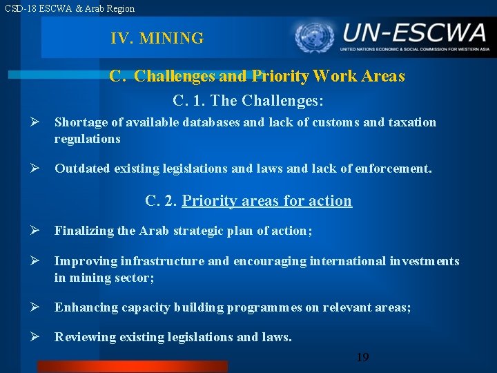 CSD-18 ESCWA & Arab Region IV. MINING C. Challenges and Priority Work Areas C.