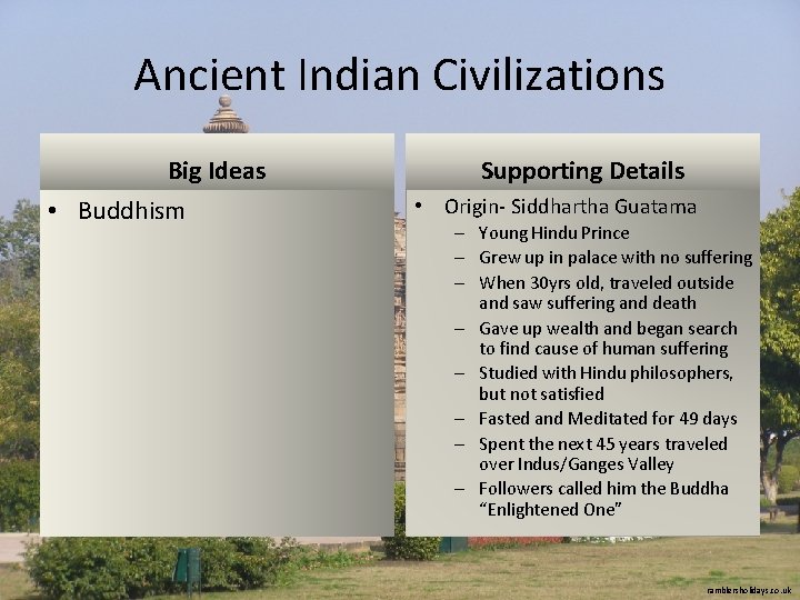Ancient Indian Civilizations Big Ideas • Buddhism Supporting Details • Origin- Siddhartha Guatama –