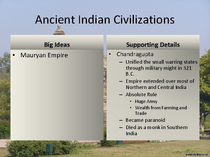 Ancient Indian Civilizations Big Ideas • Mauryan Empire Supporting Details • Chandragupta – Unified