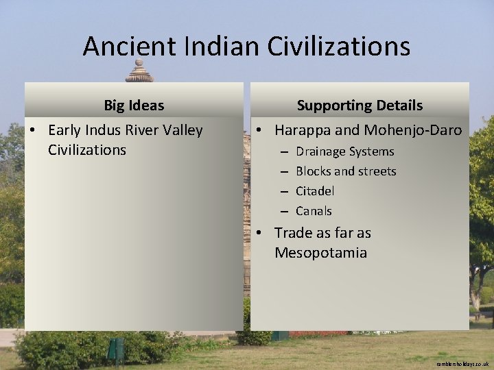 Ancient Indian Civilizations Big Ideas • Early Indus River Valley Civilizations Supporting Details •