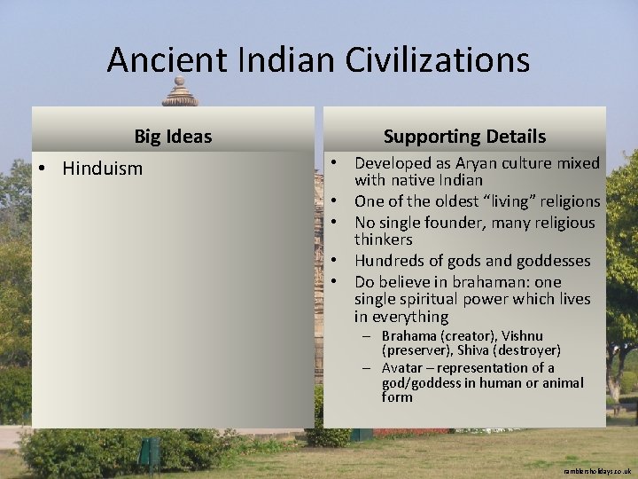 Ancient Indian Civilizations Big Ideas • Hinduism Supporting Details • Developed as Aryan culture