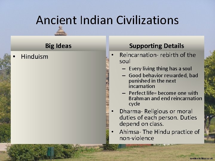 Ancient Indian Civilizations Big Ideas • Hinduism Supporting Details • Reincarnation- rebirth of the